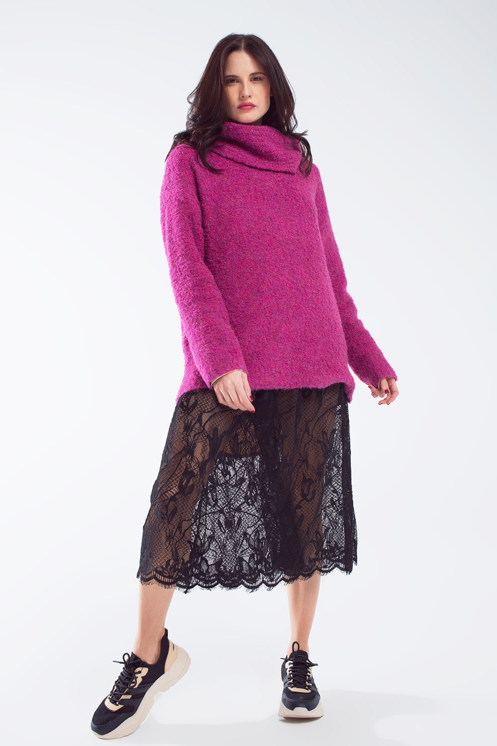 Wide sweater with bardot neck in magenta - Sweaters