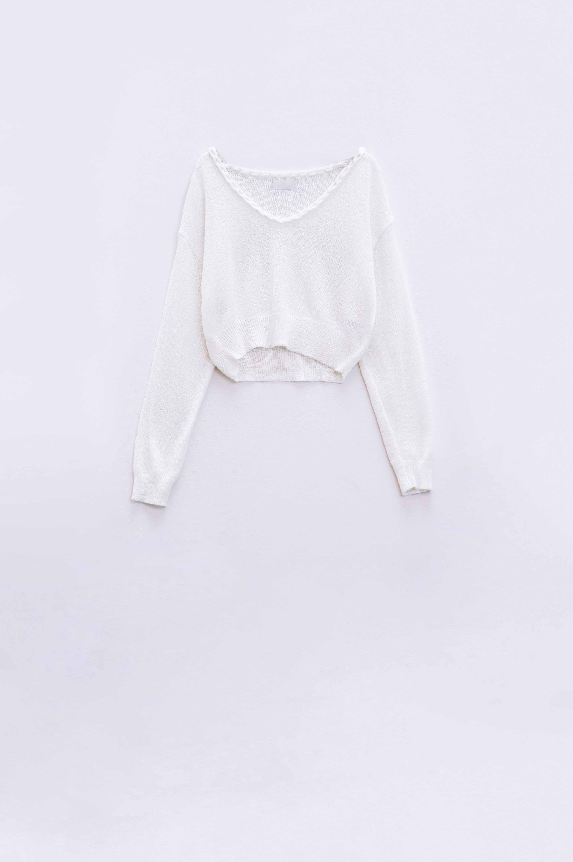 Wide V-neck cream Sweater With Braided Detail - Jumpers