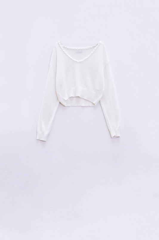 Wide V-neck cream Sweater With Braided Detail - Jumpers