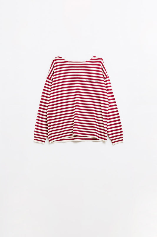 wine color striped fine knit sweater with boat neck - Jumpers