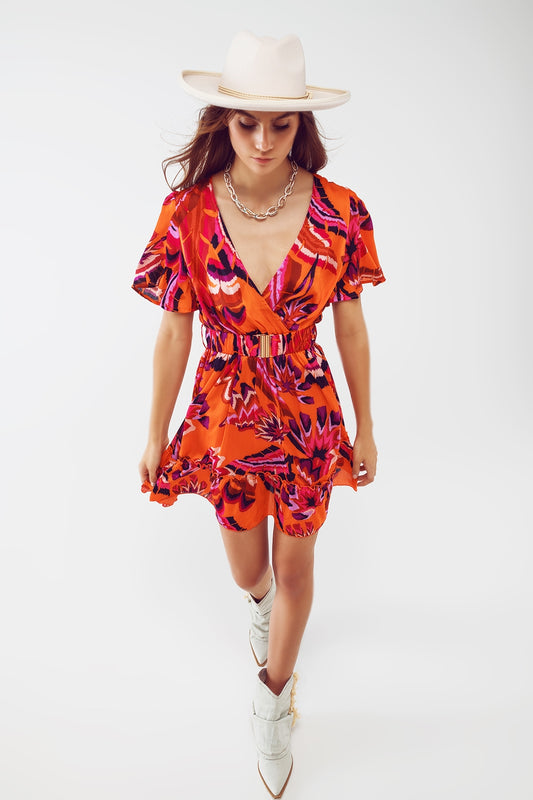 Wrap Short Dress With Angel Sleeves In Abstract Floral Print - Dresses