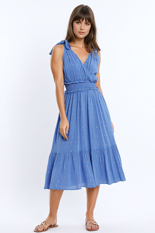 Wrapped Blue Midi Dress With Smock Detail At The Waist and Golden Polka Dots - Dresses