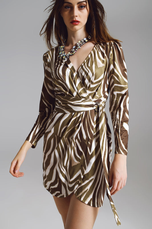 Wrapped Long Sleeve dress With Belt in Cream and Olive Green Zebra Print - Dresses