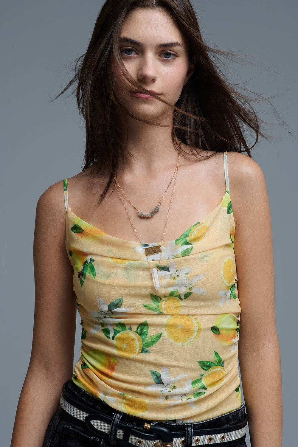 Yellow body top with lemon print in mesh fabric - Tops