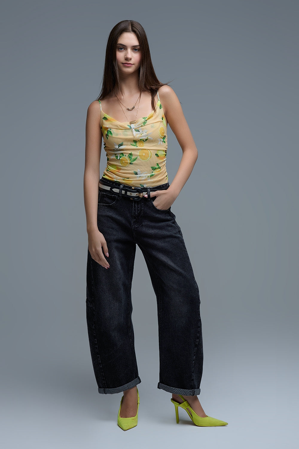 Yellow body top with lemon print in mesh fabric - Tops