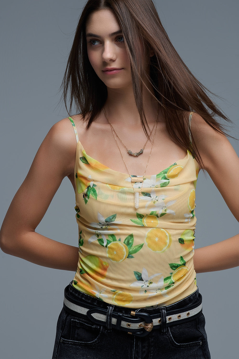Yellow body top with lemon print in mesh fabric - Tops