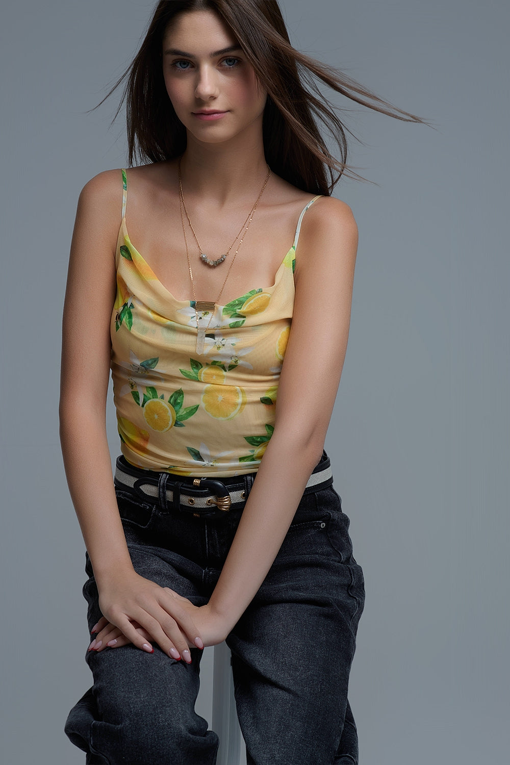 Yellow body top with lemon print in mesh fabric - Tops