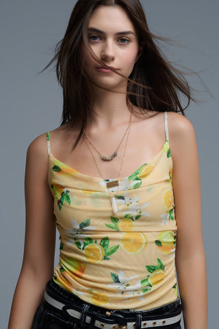 Yellow body top with lemon print in mesh fabric