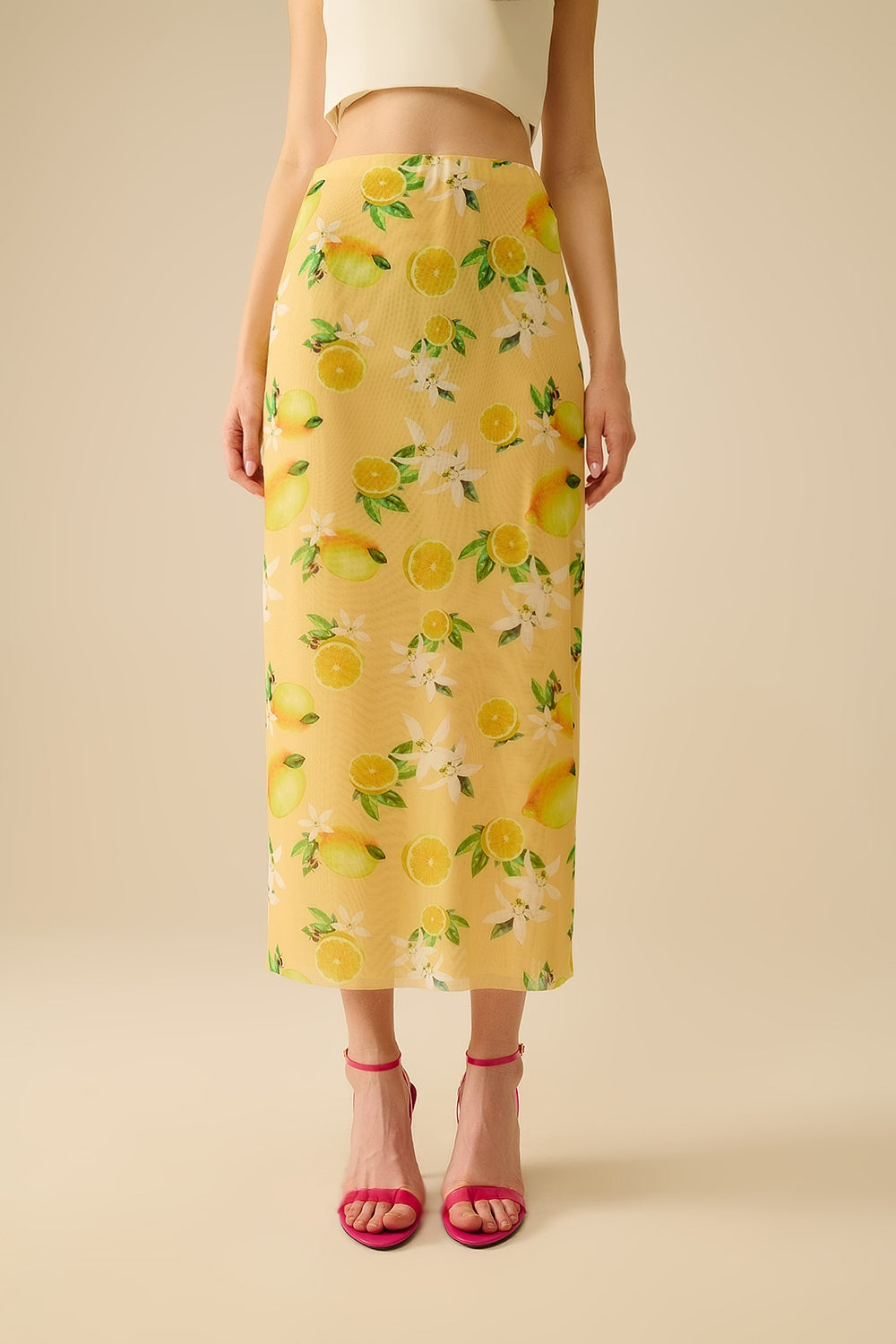 Yellow Fitted midi skirt with lemon print in mesh fabric - Skirts