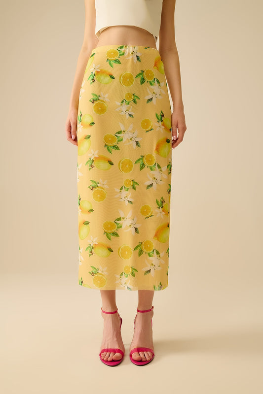 Yellow Fitted midi skirt with lemon print in mesh fabric - Skirts