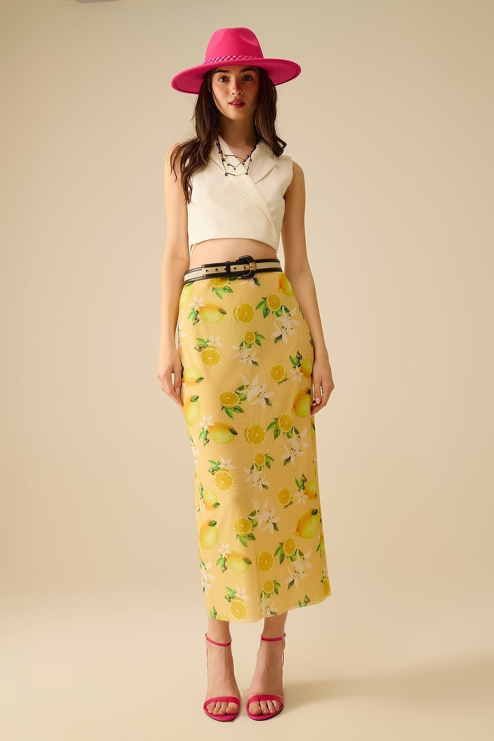 Yellow Fitted midi skirt with lemon print in mesh fabric - Skirts