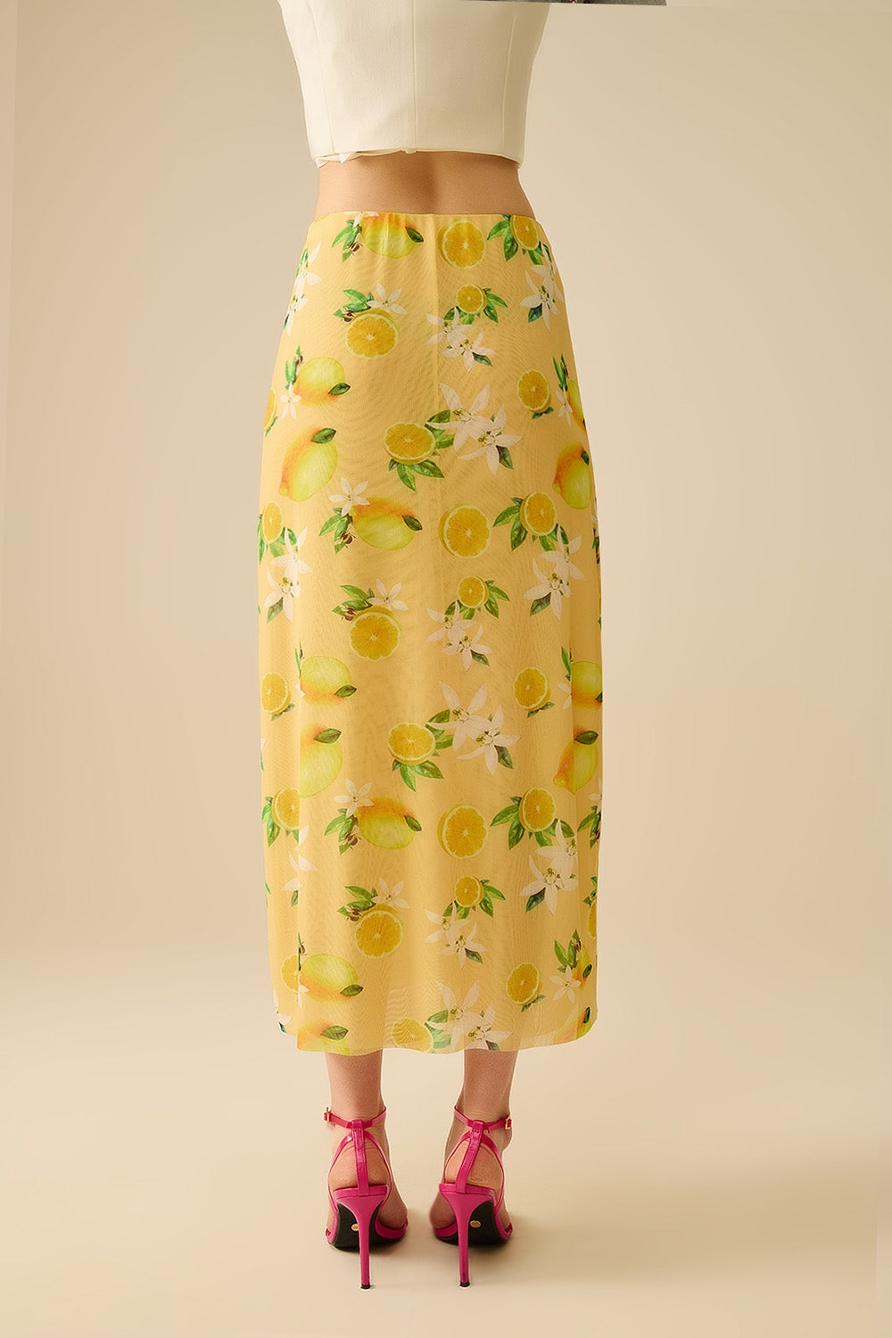 Yellow Fitted midi skirt with lemon print in mesh fabric - Skirts