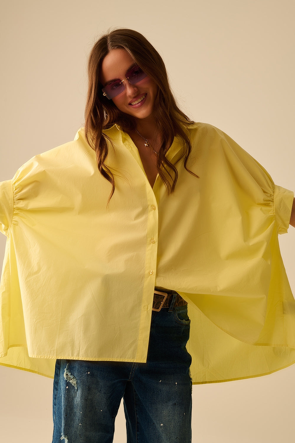 Yellow oversized blouse with short sleeve - Blouses