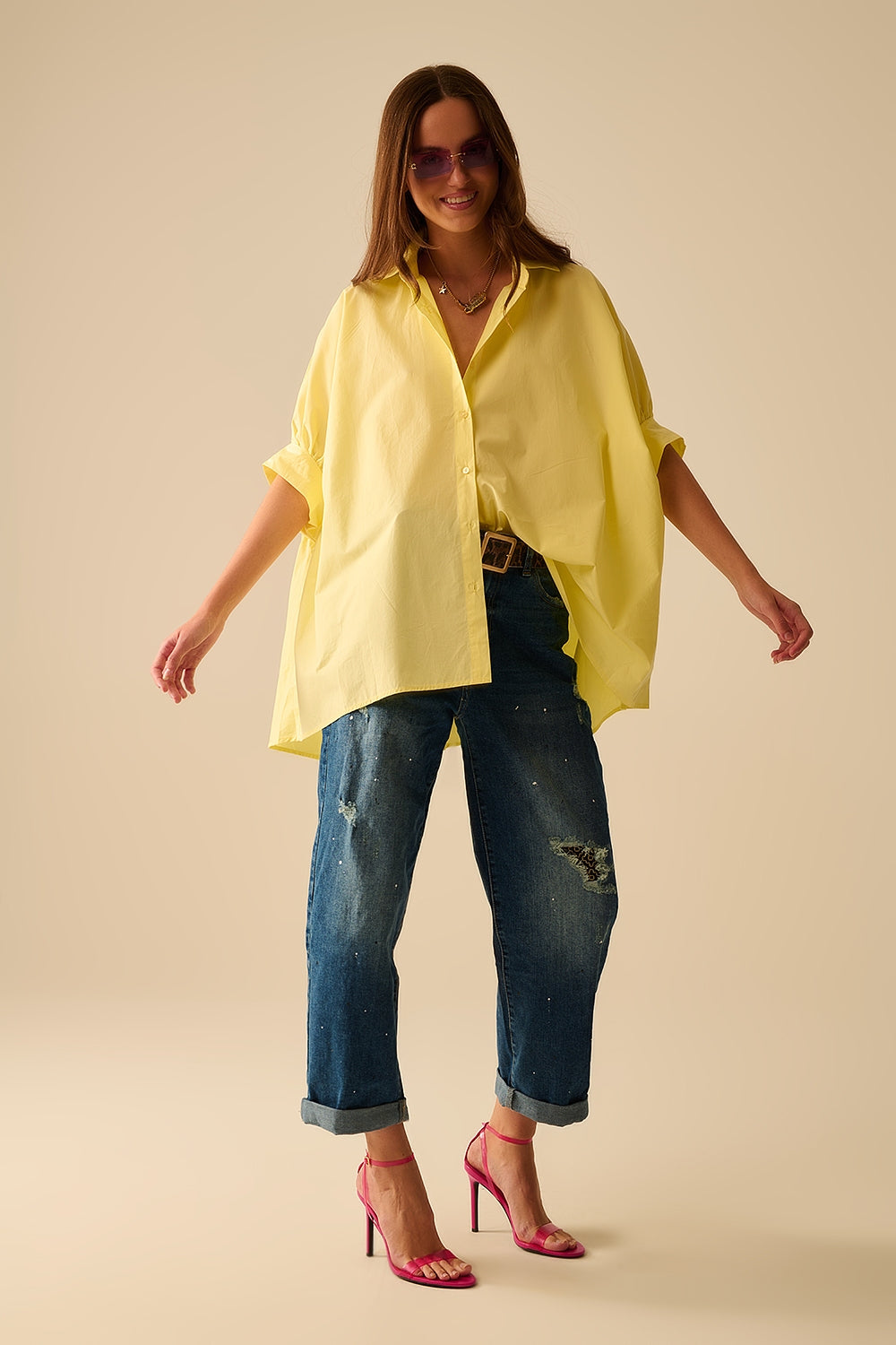 Yellow oversized blouse with short sleeve - Blouses