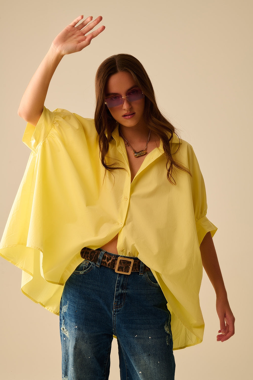 Yellow oversized blouse with short sleeve - Blouses