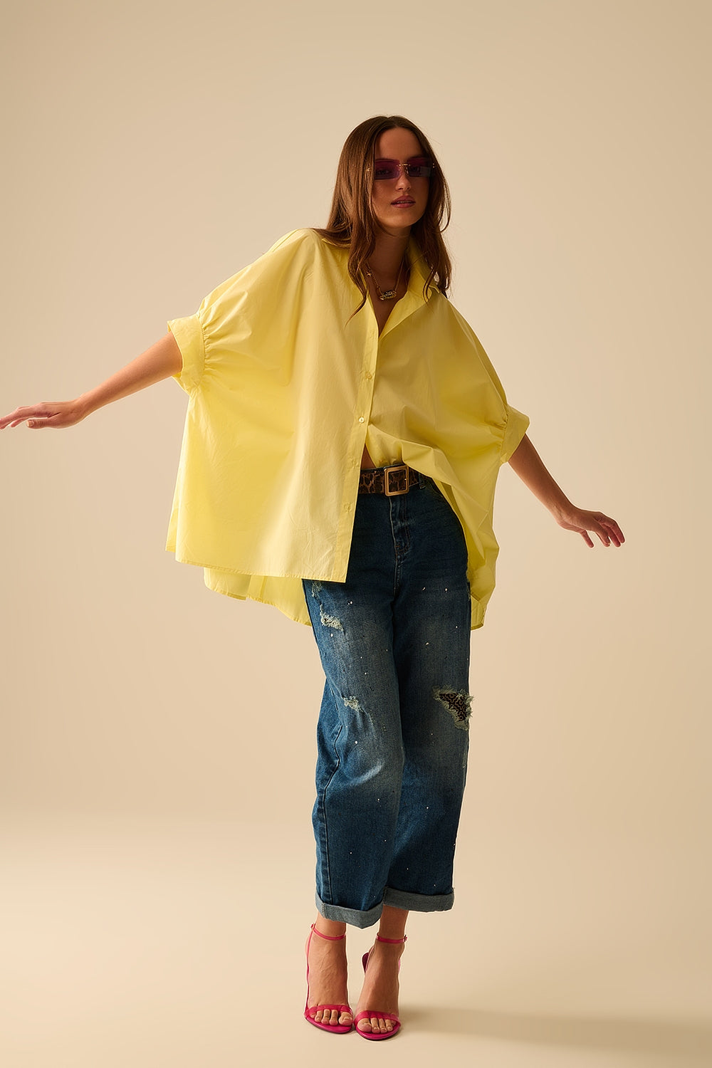 Yellow oversized blouse with short sleeve - Blouses