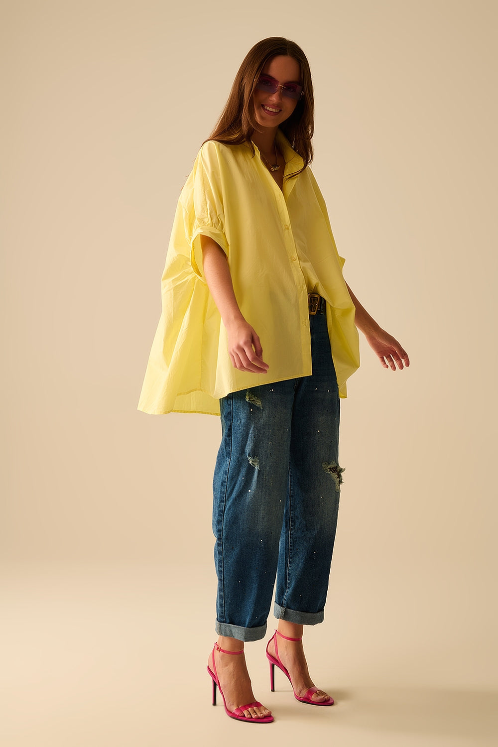 Yellow oversized blouse with short sleeve - Blouses