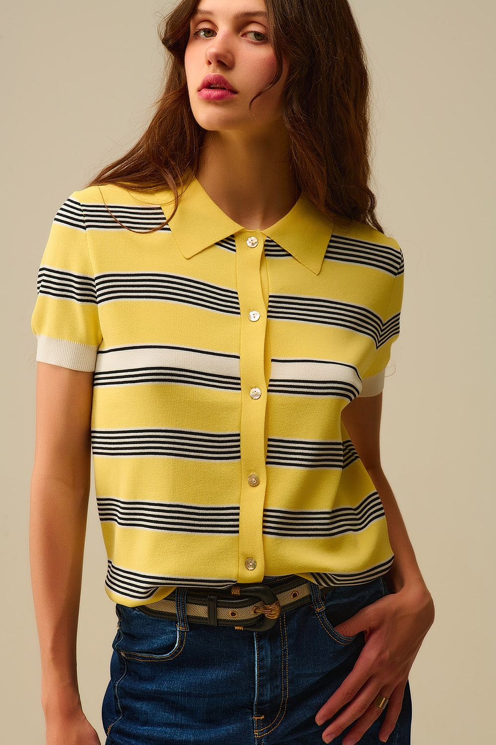 Yellow Striped Button-Up Polo - Sweaters