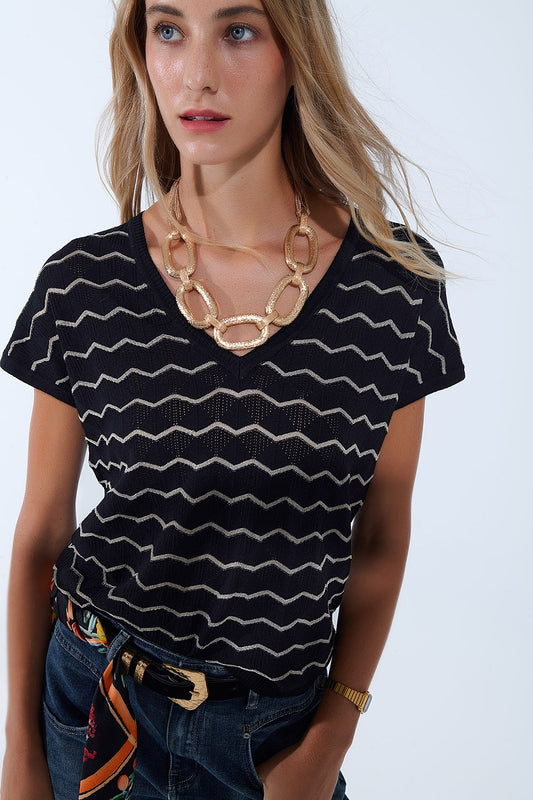 Zigzag V-Neck Knit sweater with dropped sleeves in black - Tops
