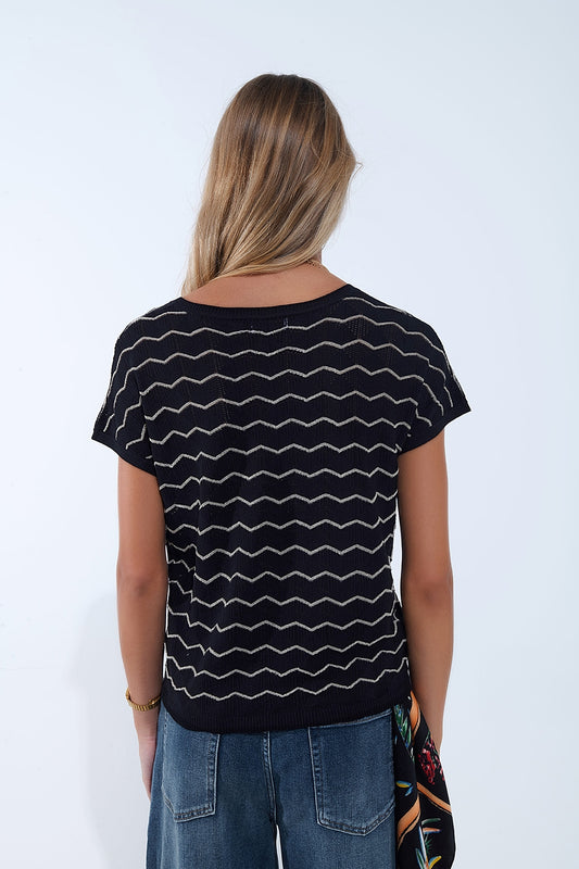 Zigzag V-Neck Knit sweater with dropped sleeves in black - Tops